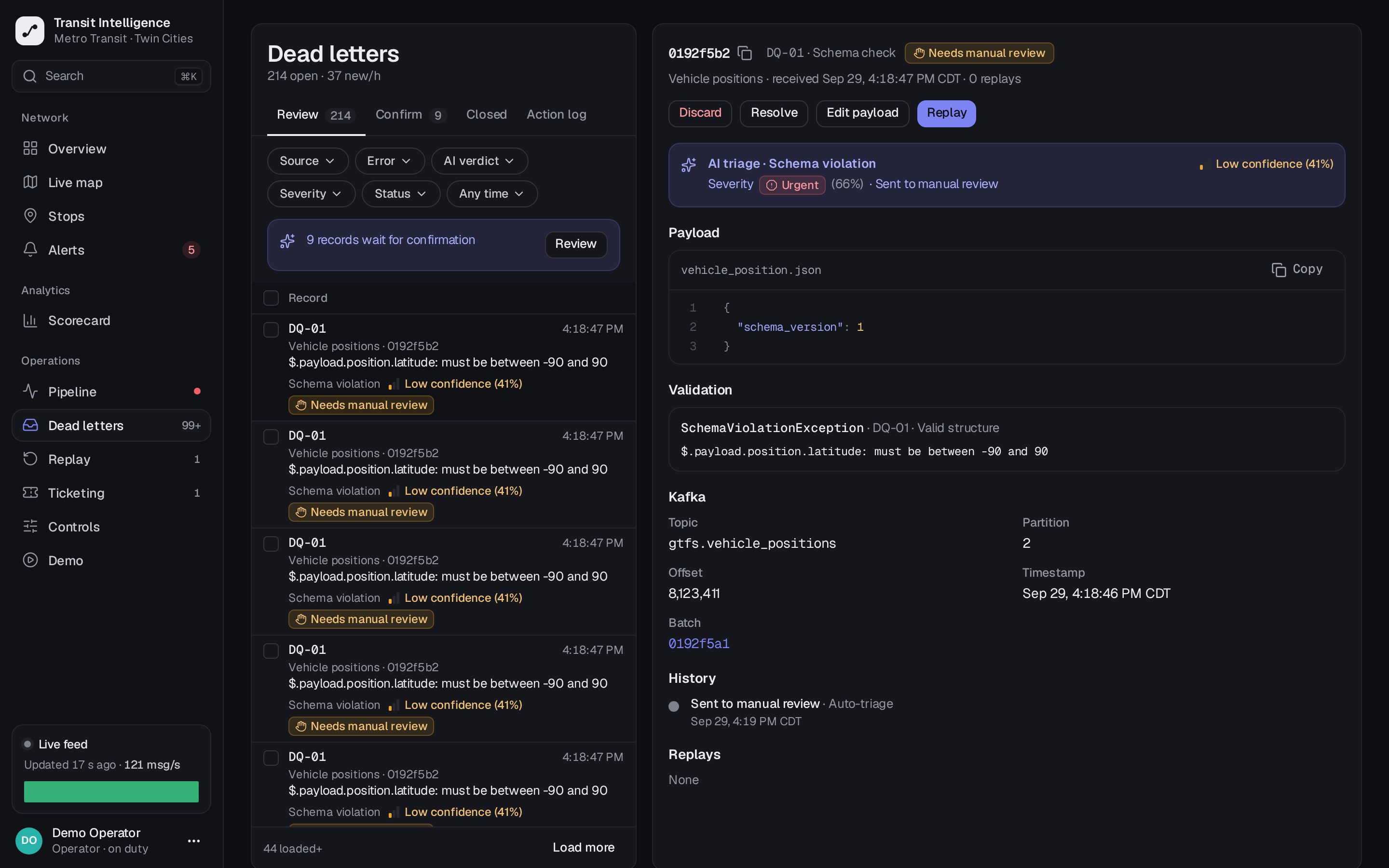 Dead letter review queue with a selected record showing its AI triage verdict, payload, validation error and source message
