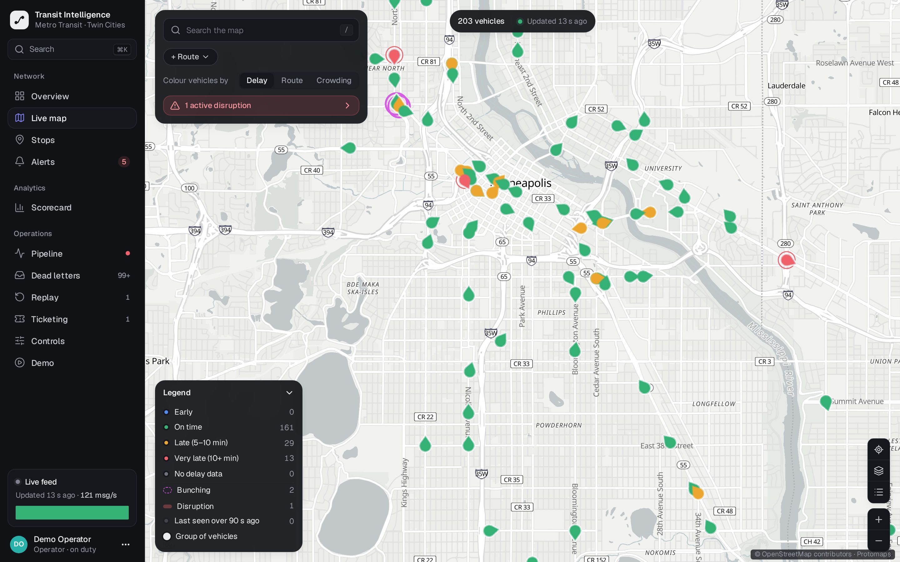 Live map of Minneapolis with 203 vehicles coloured by delay, two bunching pairs and one disruption highlighted